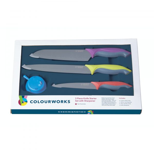 Colourworks Brights Three Piece Knife Set with Sharpener